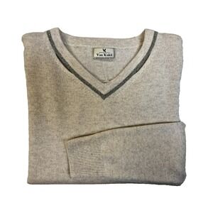 Van Kukil Cashmere V-Neck Pullover Sweater Light Oatmeal Silver Bead Neck SZ XS